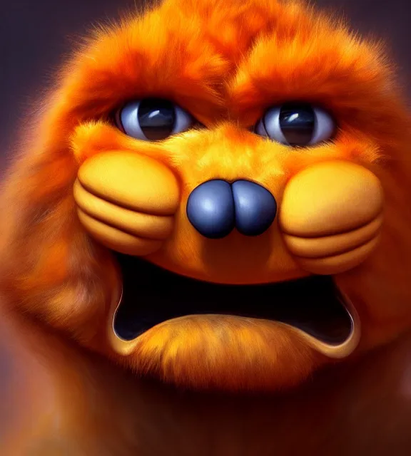 Prompt: evil anthropomorphic garfield, smiling, perfect face, orange fur, cinematic, elegant, highly detailed, psychedelic, digital painting, artstation, smooth, hard focus, illustration, art by jessica rossier and and brian froud