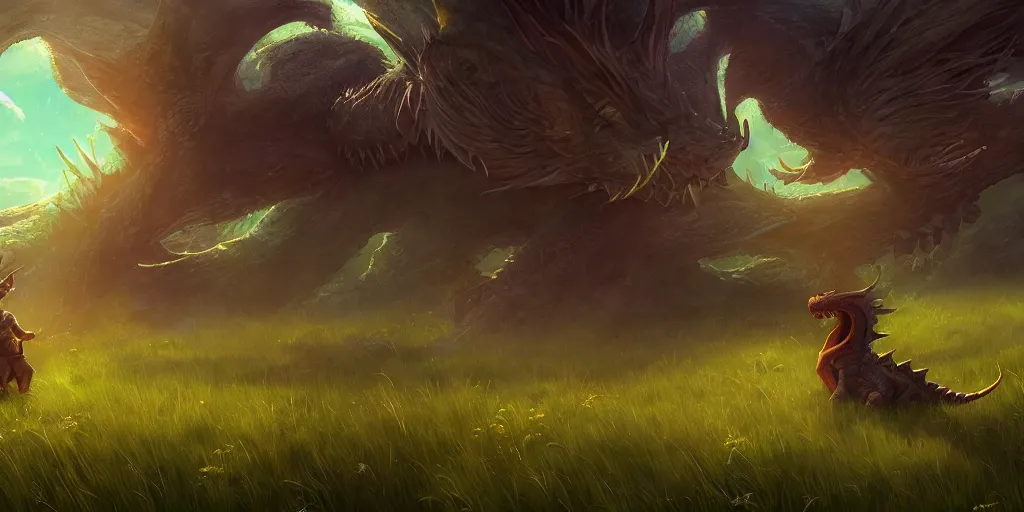 Prompt: A dragon stands in the middle of a meadow, dark atmosphere, mattepainting concept Blizzard pixar maya engine on stylized background splash comics global illumination lighting artstation lois van baarle, samwise didier, rossdraws