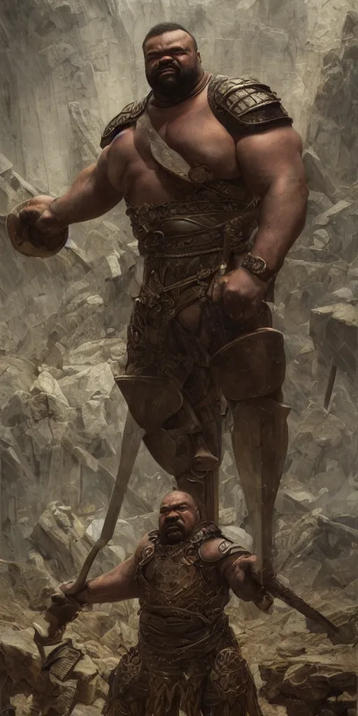 Prompt: jeffrey wright, blacksmith, huge and very muscular, hammer, dungeons and dragons, masterpiece by edgar maxence and ross tran and michael whelan, gustav dore, 8 k, octane render