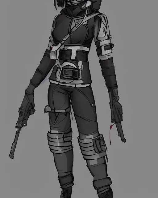 Prompt: a character design of a female space pirate with a slim fitting military style spacesuit with pouches along the waist
