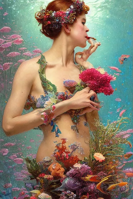 Image similar to portrait of a beautiful mysterious woman holding a bouquet of flowing flowers, small bubbles from her mouth, hands hidden under the bouquet, submerged underwater filled with colorful small fish and coral reef, fantasy, regal, intricate, by stanley artgerm lau, greg rutkowski, thomas kindkade, alphonse mucha, loish, norman rockwell