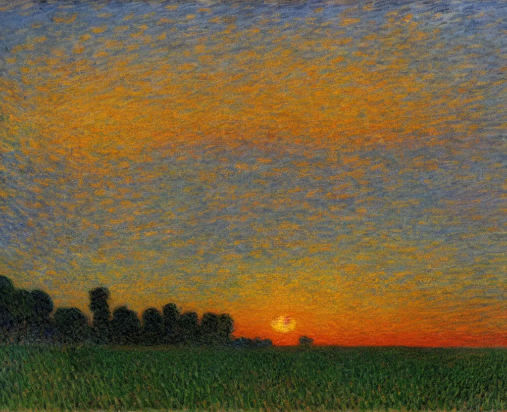 Image similar to an impressionism painting of endless cornfields at sunset, volumetric lighting, godrays, light rays, claude monet