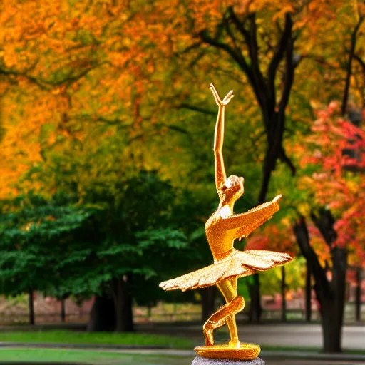 Image similar to Golden ballerina statue in the middle of a park during red autumn. Bokeh.