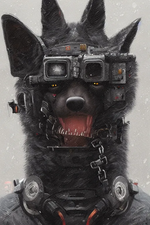 Image similar to new york city portrait of furry anthro anthropomorphic german shepard head animal person fursona wearing clothes strange cybernetic augmentations cyber muzzle gloomy rainy cyberpunk digital art by Greg Rutkowski, Simon Stalenhag, trending on Artstation, CGSociety