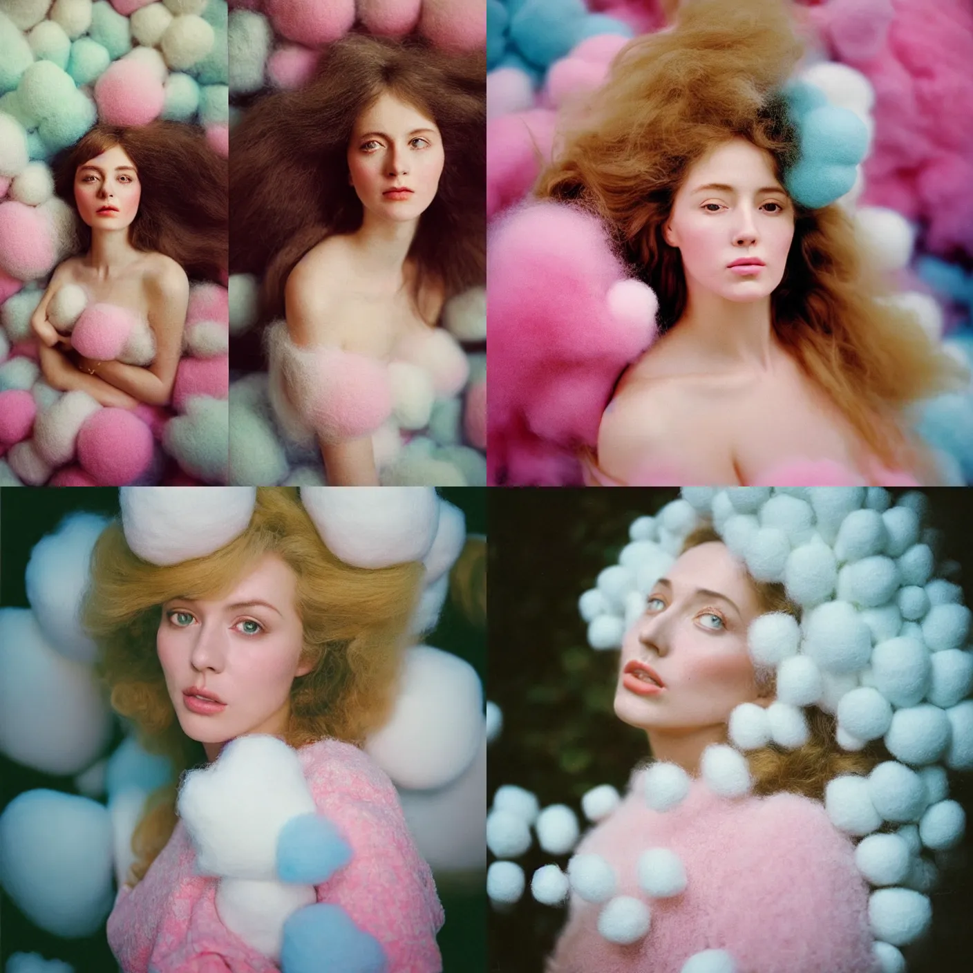 Prompt: A vintage analog head and shoulder frontal face portrait photography of a beautiful woman surrounded by thousand fluffy soft giant oversized pastel colorful cotton balls all around by Mark Owen. Long hair. Vogue. Rococo Baroque. Closed eyes. Kodak Portra 800 film. shallow depth of field. (Depth of field). whirl bokeh!!. Golden hour. detailed. hq. realistic. warm light. muted colors. Filmic. Dreamy. lens flare. Mamiya 7ii, f/1.2, symmetrical balance, in-frame