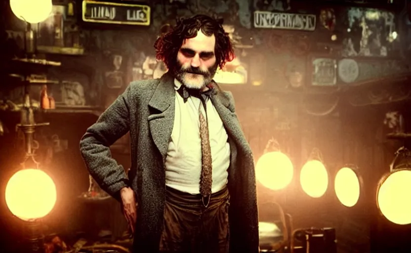 Prompt: the full - body shot of old wrinkled unkempt drunkard brawler joaquin phoenix with sideburns worn in grey jacket with gloves in steampunk fallout disco bar, shot from withnail & i movie with cinematography of christopher doyle, frostpunk, neon gloomy light, discoball reflections, anamorphic, optical flares, kodak film, sharp focus, 8 k