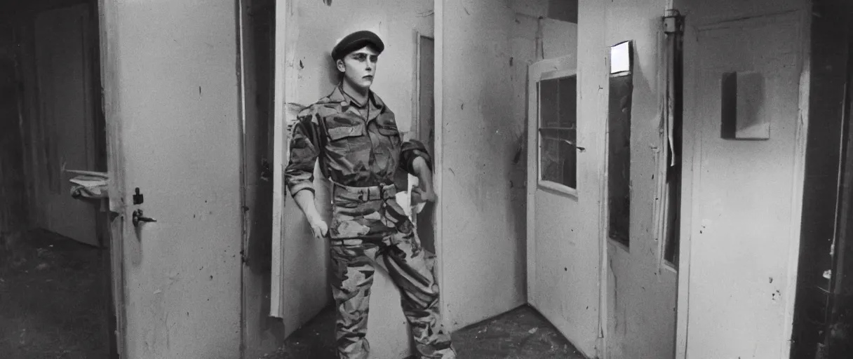 Image similar to a high quality color extreme creepy atmospheric wide dutch angle hd 4 k film 3 5 mm color photograph of a young inexperienced caucasian military man standing in a doorway of a military breakroom in with a clipboard he looks young and experienced in 1 9 8 2