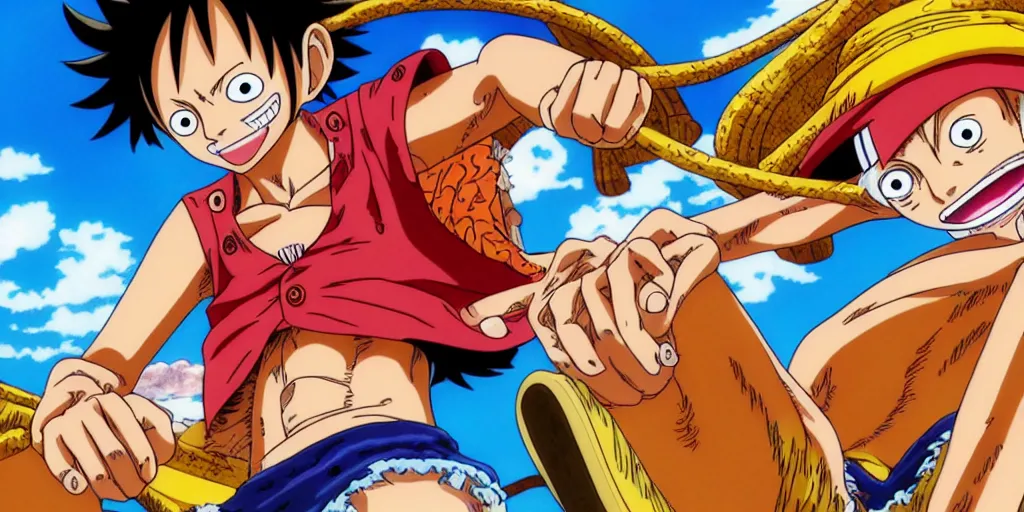 Prompt: “still frame of Monkey D Luffy in anime Golden Wind by Hirohiko Araki, screenshot, color, 4k”