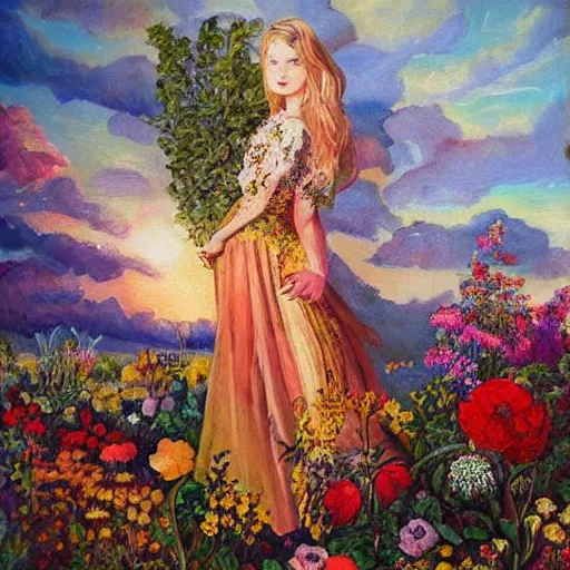 Image similar to A painting with a world of various flowers and plants, in which there is a figure of a human, dressed in something magical and impressive, inside this clothes infinity is all in sunset light