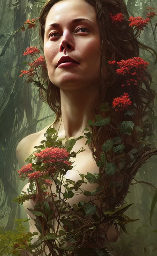 Image similar to elon musk god of the forest, 3 0 years old, rugged, female, gorgeous, detailed face, amazing, thighs, flowers, muscular, intricate, highly detailed, digital painting, artstation, concept art, sharp focus, illustration, art by greg rutkowski and alphonse mucha