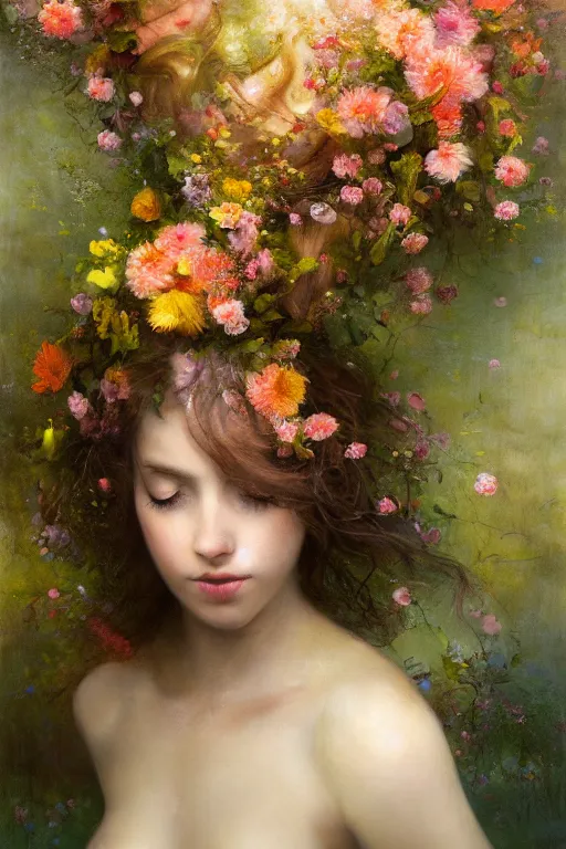 Prompt: breathtaking detailed soft painting of the edge of the forest with ringing flowers od dream, a girl with a lip of mandarine with crossed knees in a light deluge, shadowed nudity through rainbow, flora and sea, rembrandt style, elegant, highly detailed, artstation, concept art, matte, sharp focus, art by tom bagshaw, luis royo and greg rutkowski