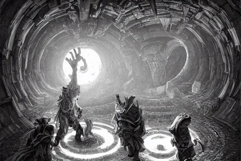 Image similar to black and white one point perspective labyrinth dungeon cozy fantasy dungeon boss encounter view with gigantic orb in the middle of the room by artgerm and Craig Mullins, James Jean, Andrey Ryabovichev, Mark Simonetti and Peter Morbacher 16k