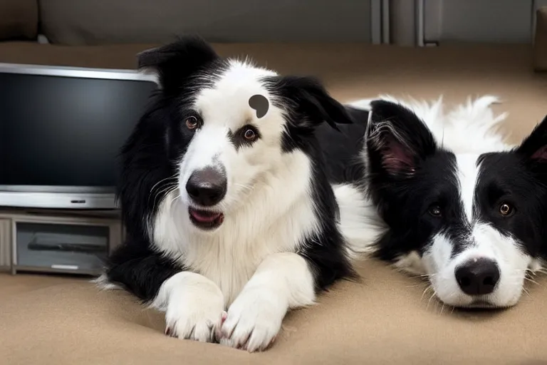 Prompt: border collie watching tv