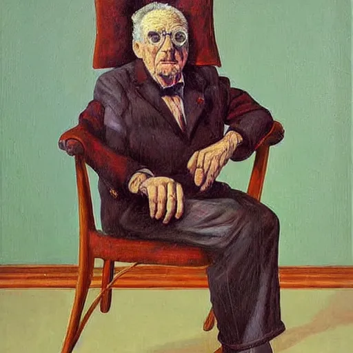 Prompt: macabre magic realism portrait old man sitting in chair : : oil painting by ivan albright