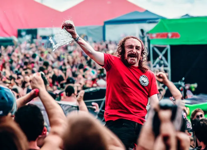 Image similar to photo still of gallagher at vans warped tour!!!!!!!! at age 4 5 years old 4 5 years of age!!!!!!! throwing watermelons at a crowd, 8 k, 8 5 mm f 1. 8, studio lighting, rim light, right side key light