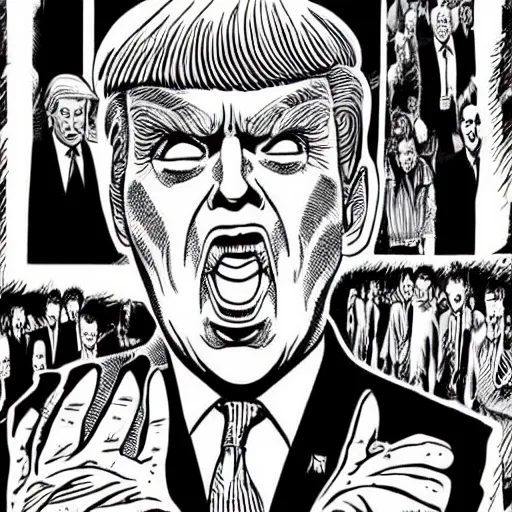 Prompt: trump, by junji ito, black and white comic, terrorist
