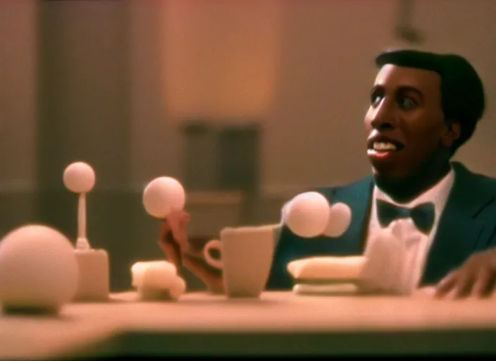 Prompt: 1 9 8 0 s cinematic screenshot cinestill portrait of a stop motion claymation film, green book, shallow depth of field, 1 8 mm, f 1. 8, film grain