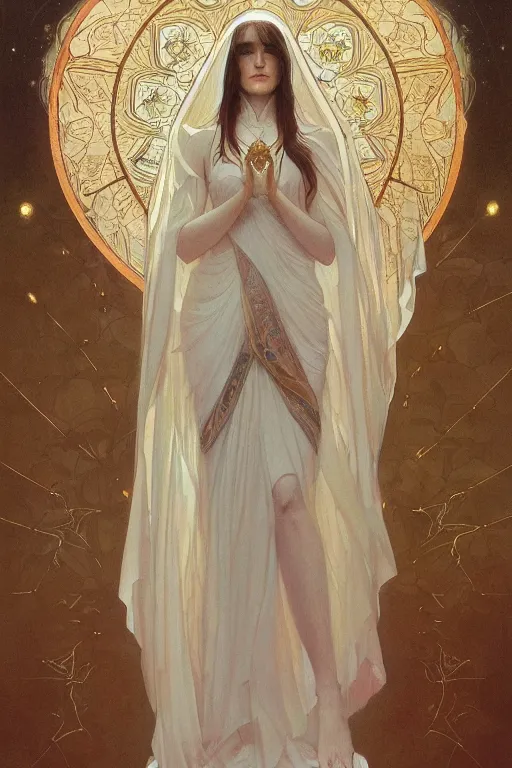 Image similar to a full body portrait of a beautiful ethereal delicate mage queen meditative sacral pose of vestal power, bedroom, intricate, elegant, highly detailed, digital painting, artstation, concept art, smooth, sharp focus, illustration, art by krenz cushart and artem demura and alphonse mucha