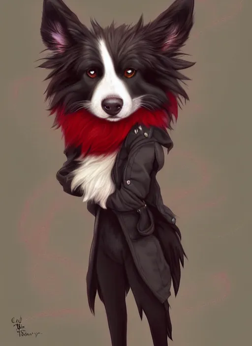 Prompt: full body digital painting of a cute male anthropomorphic border collie fursona wearing a red collar and standing outside, furaffinity, intricate, elegant, beautiful, fantasy, highly detailed, trending on artstation, art by charlie bowater and henry asencio and and ross tran