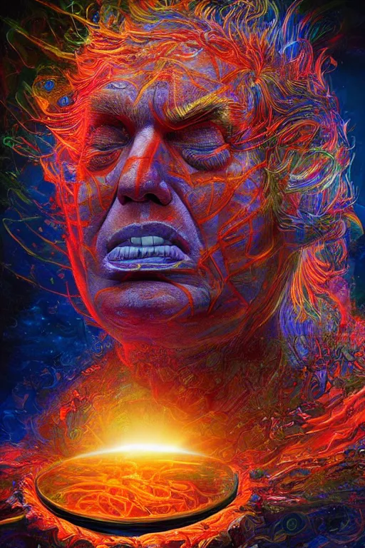 Prompt: portrait of trump drinking ayahuasca in a wormhole, psychedelic, by pablo amaringo, dramatic lighting, concept art, artstation