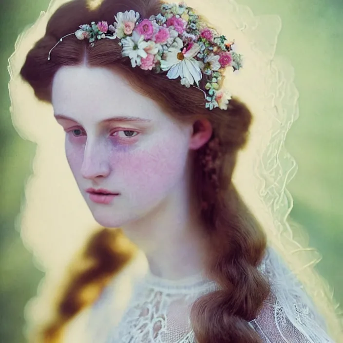 Image similar to Kodak Portra 400, 8K, soft light, volumetric lighting, highly detailed, britt marling style 3/4 ,portrait photo of a beautiful woman how pre-Raphaelites painter, a beautiful lace dress and detailed flowers adorning her hair, white pearls on her beautiful face, Realistic, Refined, Highly Detailed, natural outdoor soft pastel lighting colors scheme, outdoor fine art photography, Hyper realistic, photo realistic