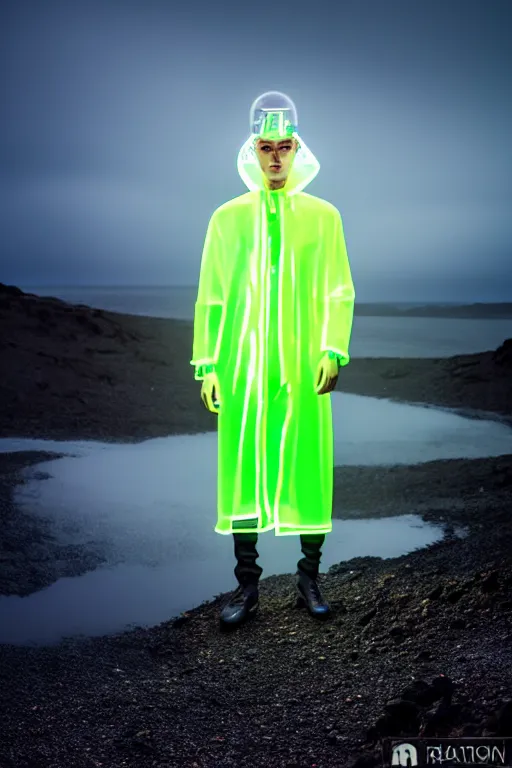 Image similar to an ultra high definition professional high fashion portrait studio full length photograph of a male model wearing a transparent pearlescent raincoat and neon visor in an icelandic black rock environment at dawn. no artefacts. extremely detailed. stark. refraction. shallow depth of field. volumetric light and shadow. ray tracing. light rays.