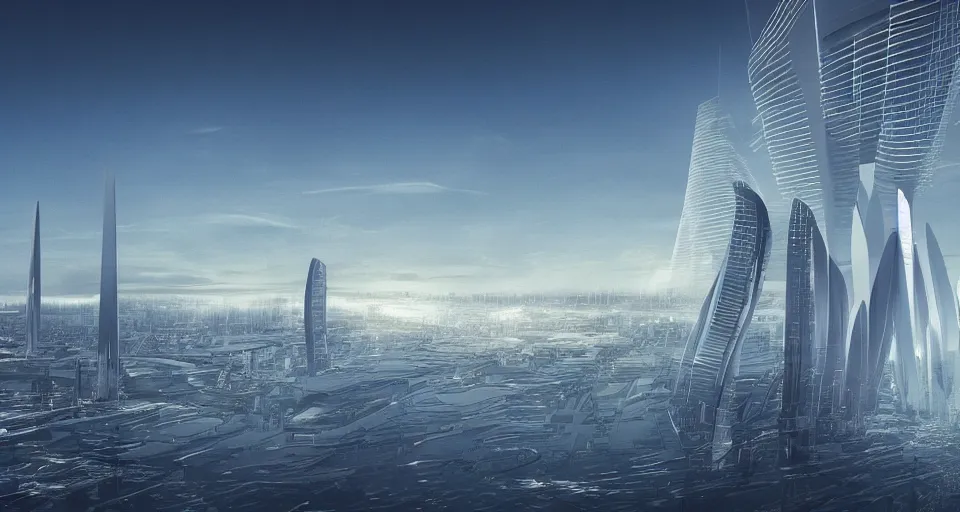 Prompt: view on futuristic city in the horizon, illustration by santiago calatrava, detailed, sharp, 8 k