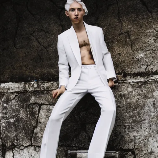 Image similar to detailed photo, kitsch fashion, androgynous people in white clothes, new age, vogue, 4 k, 8 k, fashion photo, fashion magazine