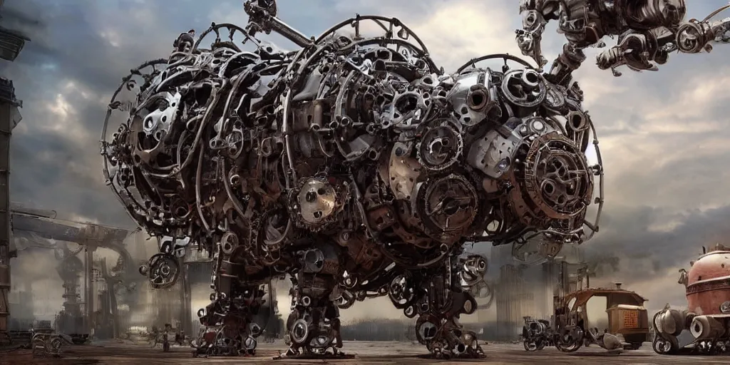 Image similar to a photo of a giant mechanical pig with gears and pistons, steam and wires, robot pig the size of a small building, in the style of a blockbuster film