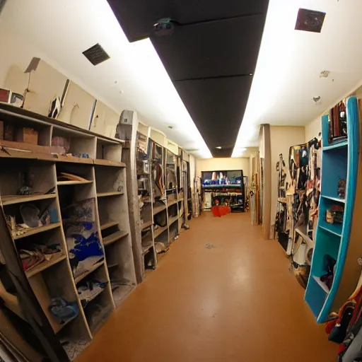 Prompt: a fisheye lens photo of the backrooms