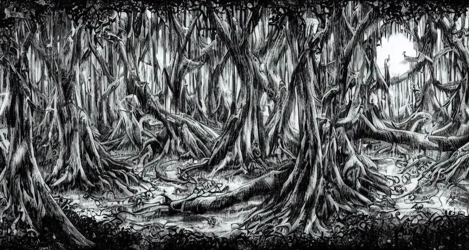 Image similar to A dense and dark enchanted forest with a swamp, by Eiichiro Oda