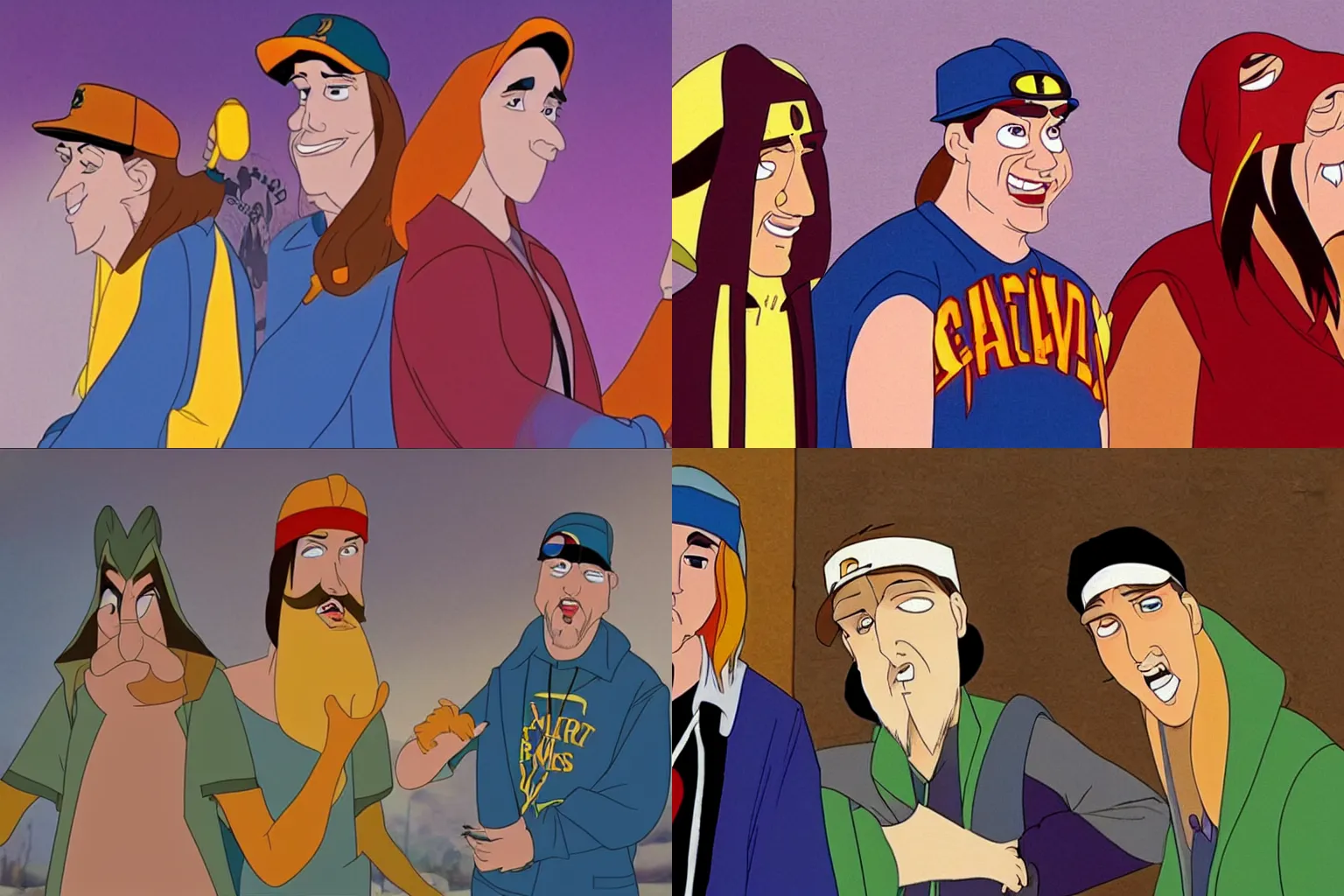 Prompt: jay and silent bob in a don bluth animated movie