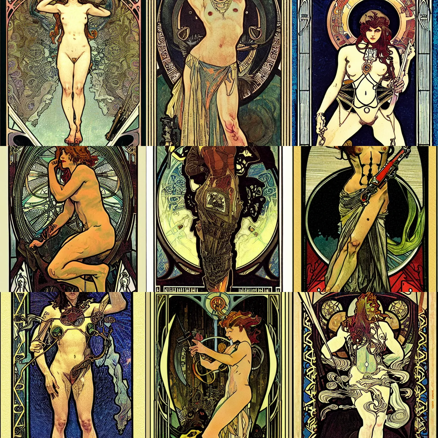 Prompt: a tarot card depicting the terminator, art nouveau, alphonse mucha, santiago caruso