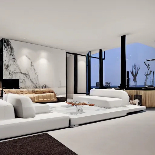 Prompt: A modern living room with 2 sofas facing each other with a white marble table in the center, on the left side of the living room there is a floor to ceiling glass window while on the right side of the living room there are wooden stairs that lead to the second floor, 8k resolution