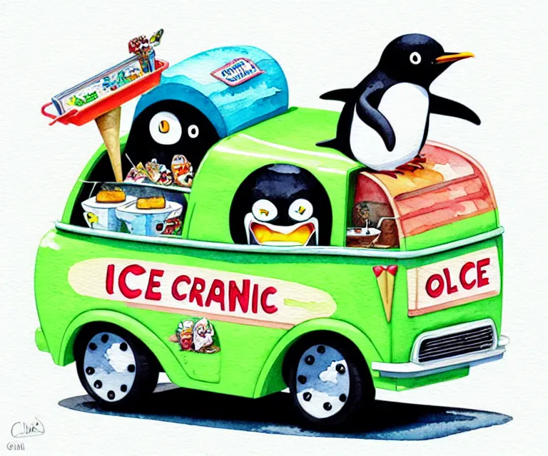 Image similar to cute and funny, penguin riding in a tiny ice cream truck, ratfink style by ed roth, centered award winning watercolor pen illustration, isometric illustration by chihiro iwasaki, edited by craola, tiny details by artgerm and watercolor girl, symmetrically isometrically centered