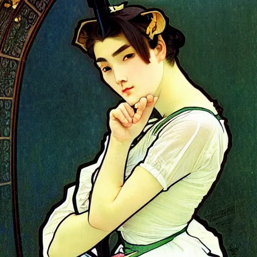 Prompt: full body painting of grumpy handsome thin beautiful young man in his 2 0 s named min - jun in a french female maid outfit, modern clothing, elegant, clear, painting, stylized, delicate facial features, stylized thin lines, soft but grumpy, highly detailed, art, art by alphonse mucha