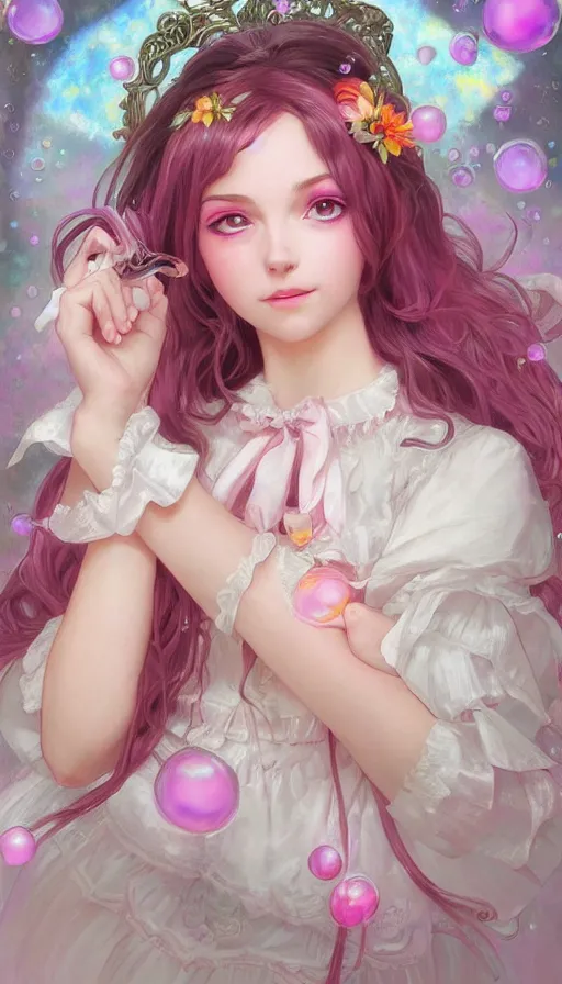 Image similar to portrait of magical lolita girl, dreamy and ethereal, expressive pose, big pink eyes, exciting expression, fantasy, intricate, elegant, many rainbow bubbles, rose tones, highly detailed, digital painting, artstation, concept art,cyberpunk wearing, smooth, sharp focus, illustration, art by artgerm and greg rutkowskiand alphonse mucha