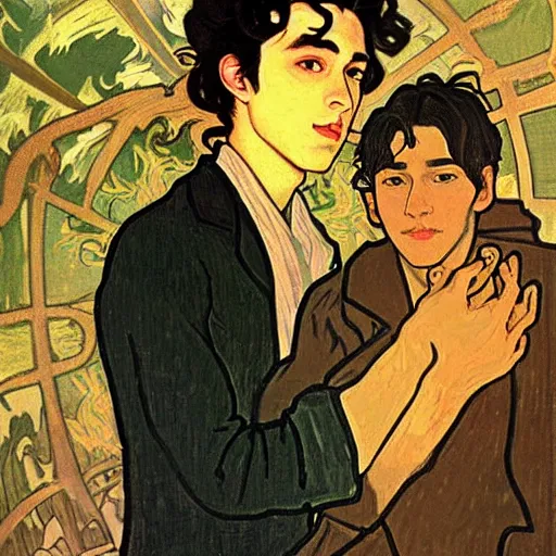 Image similar to painting of young cute handsome beautiful dark medium wavy hair man in his 2 0 s named shadow taehyung and cute handsome beautiful min - jun together at the halloween! party, bubbling cauldron!, candles!, smoke, autumn! colors, elegant, wearing suits!, clothes!, delicate facial features, art by alphonse mucha, vincent van gogh, egon schiele