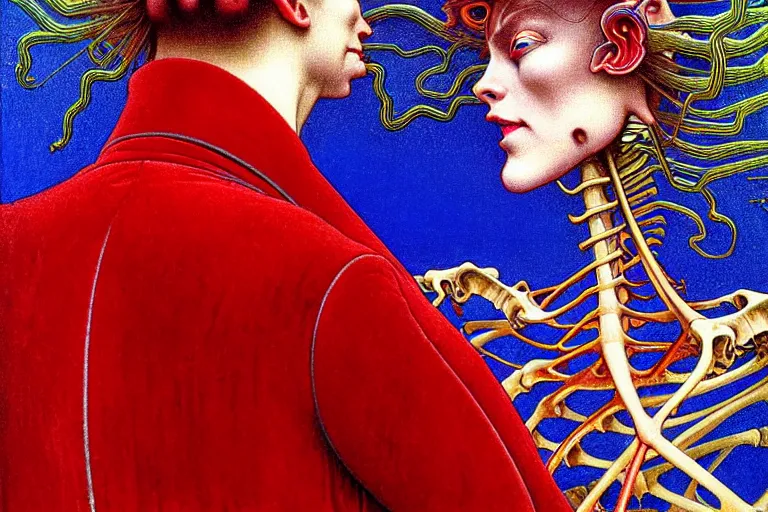 Image similar to realistic detailed closeup portrait painting of a single skeleton wearing red velvet blazer in a crowded futuristic moscow street by Jean Delville, Amano, Yves Tanguy, Alphonse Mucha, Ernst Haeckel, Edward Robert Hughes, Roger Dean, rich moody colours, blue eyes