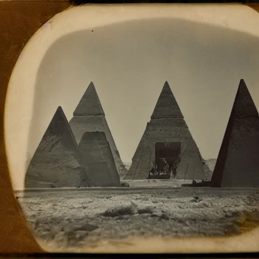 Prompt: tintype photo, underwater, pyramids falling down