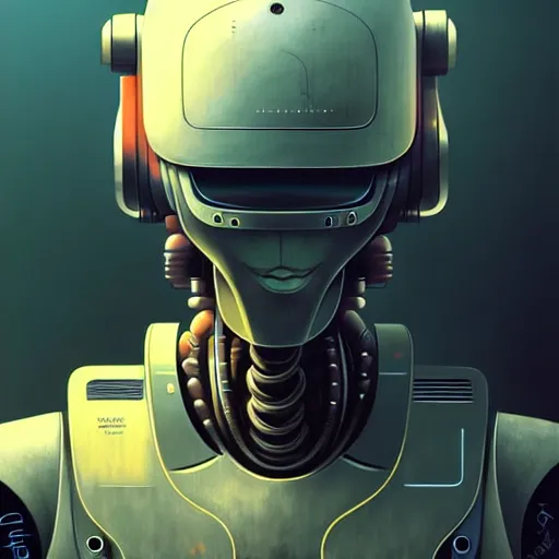 Image similar to detailed concept art of a diesel punk robot portrait, muted color palette, trending on artstation, award - winning video game concept art by jim burns and greg rutkowski, beksinski, a sci - fi concept art masterpiece, james gilleard, bruegel, alphonse mucha, and yoshitaka amano.