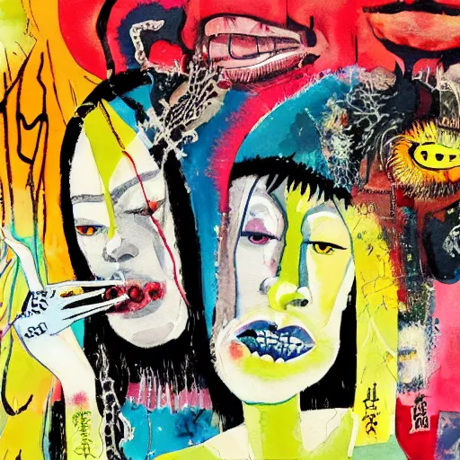 Prompt: watercolor painting of a closeup of two bizarre psychedelic scary women kissing in japan in winter, speculative evolution, mixed media collage by basquiat and jackson pollock, maximalist magazine collage art, sapphic art, psychedelic illustration