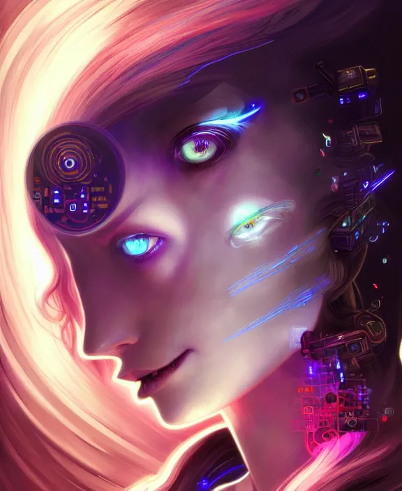 Prompt: a whirlwind of souls rushing inside the metaverse, hologram, half body, neurochip, shaved temple, piercing, jewelry, android, cyborg, cyberpunk face, by loish, d & d, fantasy, intricate, elegant, highly detailed, colorful, digital painting, artstation, concept art, art by artgerm and greg rutkowski and alphonse mucha