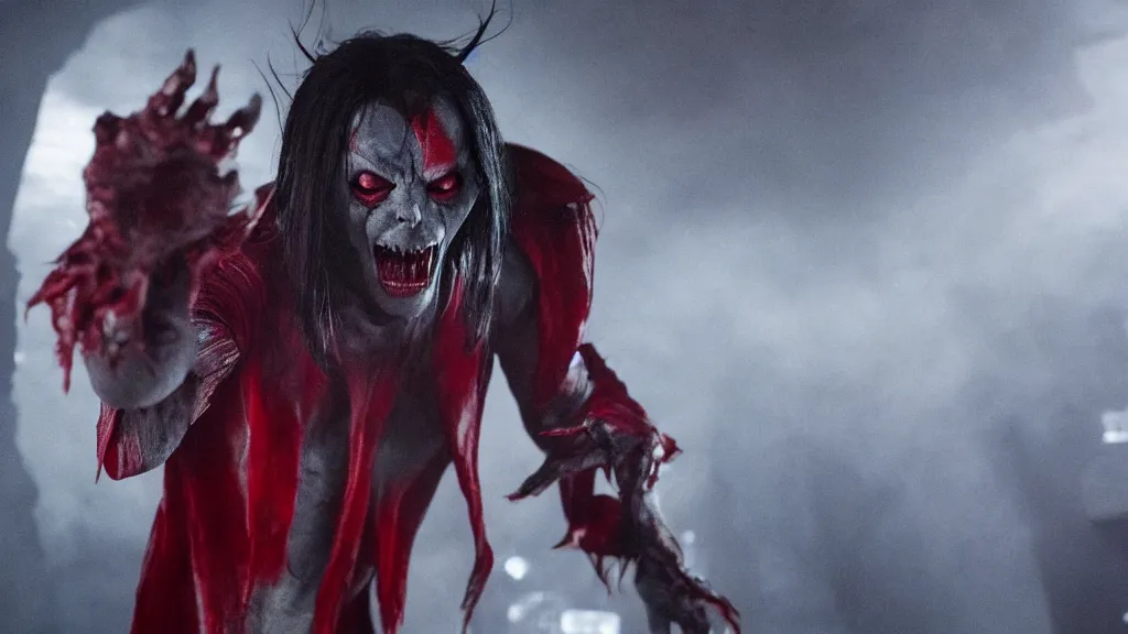 Prompt: morbius from the film morbius ( 2 0 2 2 ) beginning to morb while fighting his enemies, cinematic movie still, film, epic