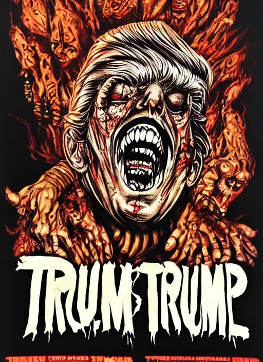 Image similar to Donald Trump's disgusting true form on a 1990s horror movie poster, inking, vintage 90s print, detailed, scary, horror, screen print, trending on artstation