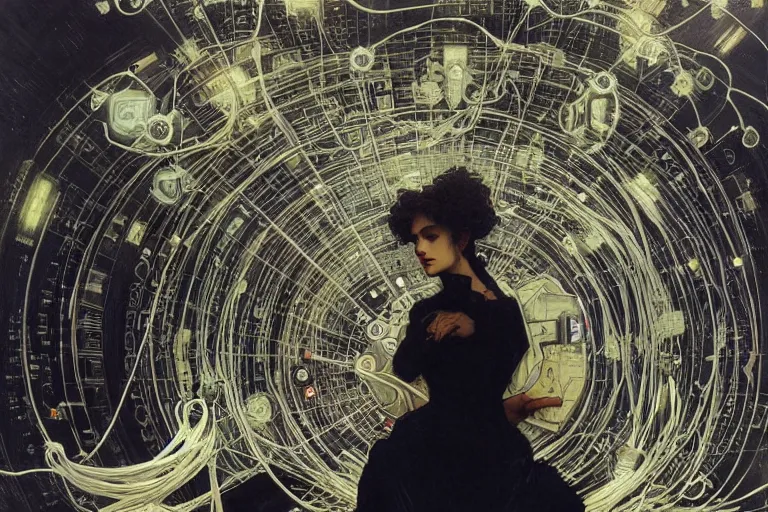 Prompt: symmetric, a woman in a black dress holding a brain and neurons in her hands, in a room full of wires and computers and neural networks, sci - fi, 4 k realistic, artem demura. alphonse mucha.