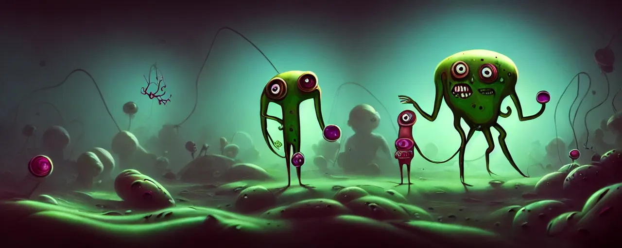 Image similar to wild whimsical plankton mutants from the depths of a wasteland deep in the imaginal realm, dramatic lighting, surreal fleischer cartoon characters, shallow dof, surreal painting by ronny khalil