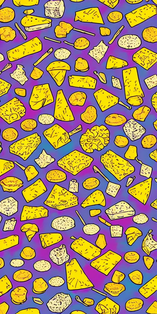 Prompt: seamless pattern of cheeses and wine glasses and weed nuggets, colourful, symmetrical, repeating 35mm photography