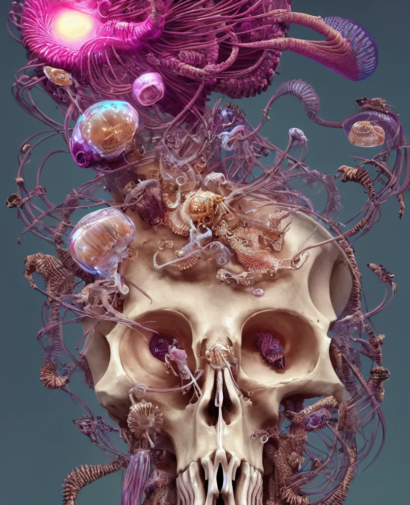 Image similar to goddess close-up portrait ram skull, thorax, x-ray, backbone, jellyfish phoenix head, nautilus, orchid, skull, betta fish, bioluminiscent creatures, intricate artwork by Tooth Wu and wlop and beeple. octane render, trending on artstation, greg rutkowski very coherent symmetrical artwork. cinematic, hyper realism, high detail, octane render, 8k