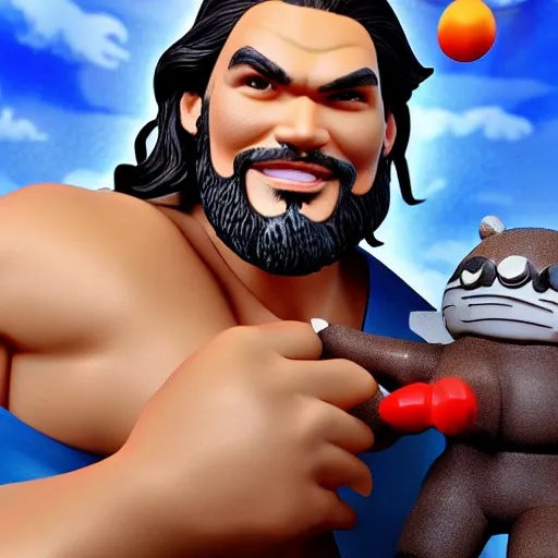 Prompt: Manga cover portrait of an extremely cute and adorable beautiful Jason Momoa playing with Fisher-Price toys, 3d render diorama by Hayao Miyazaki, official Studio Ghibli still, color graflex macro photograph, Pixiv, DAZ Studio 3D